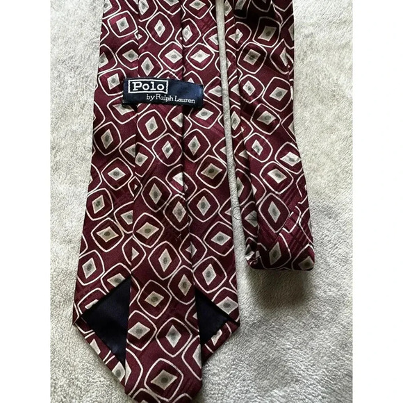 Polo Ralph‎ Lauren Mens 100% Silk Tie Burgundy Red Geometric vintage Made in USA - Picture 1 of 6